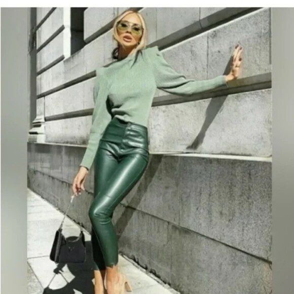 ZARA Hi-Rise Faux Leather Leggings Green Size M - Like New - Picture 2 of 10